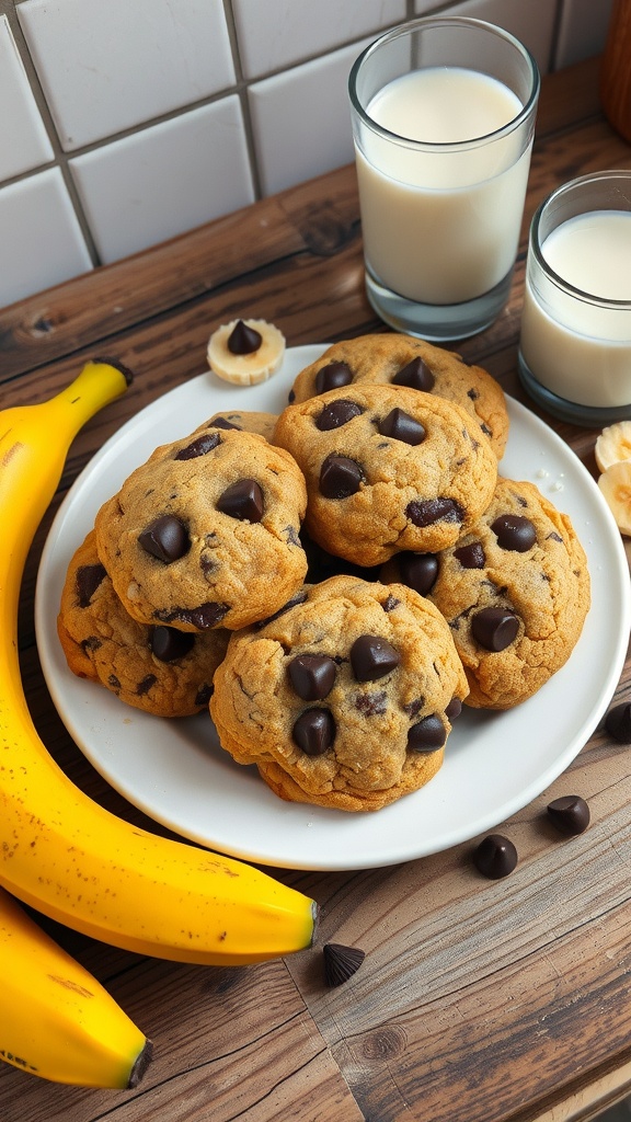 Plate of banana chocolate chip cookies with bananas and milk nearby.