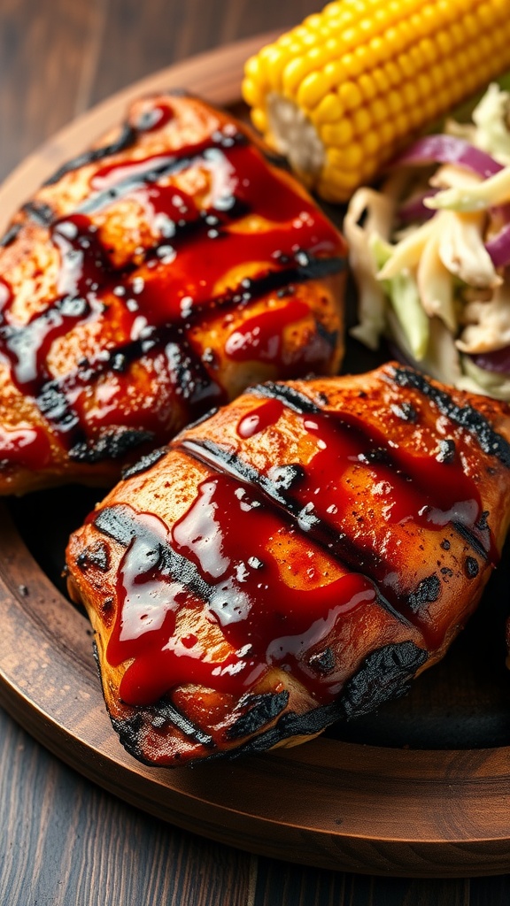 A plate of grilled BBQ chicken breast with corn on the cob and coleslaw.