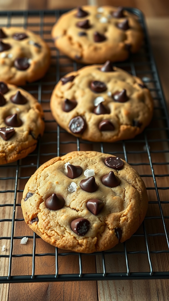 Brown butter chocolate chip cookies on a cooling rack.