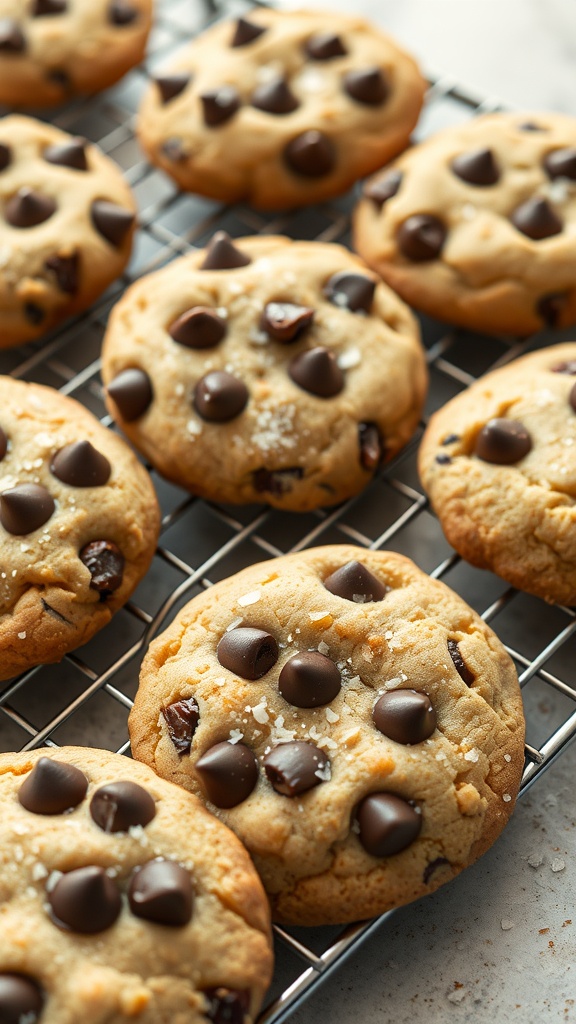 Deliciously baked chocolate chip cookies on a cooling rack.