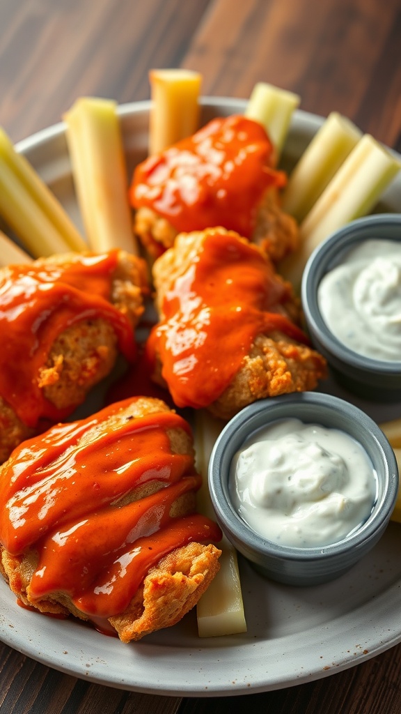 Plate of Buffalo chicken with celery sticks and dipping sauce