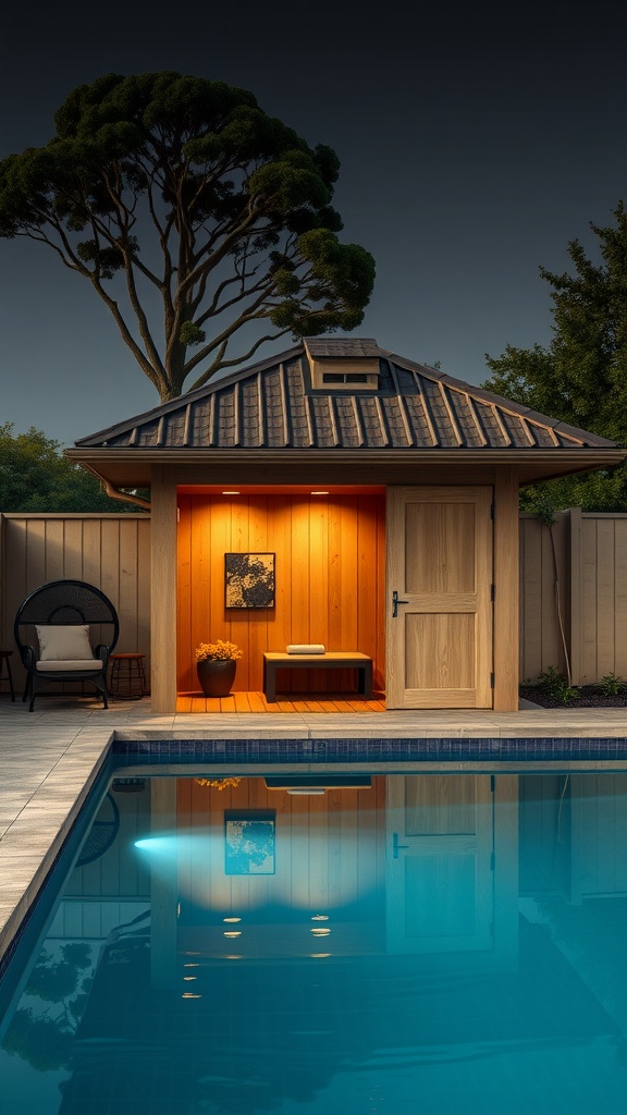 A stylish pool house beside a pool, featuring warm lighting and wooden design.