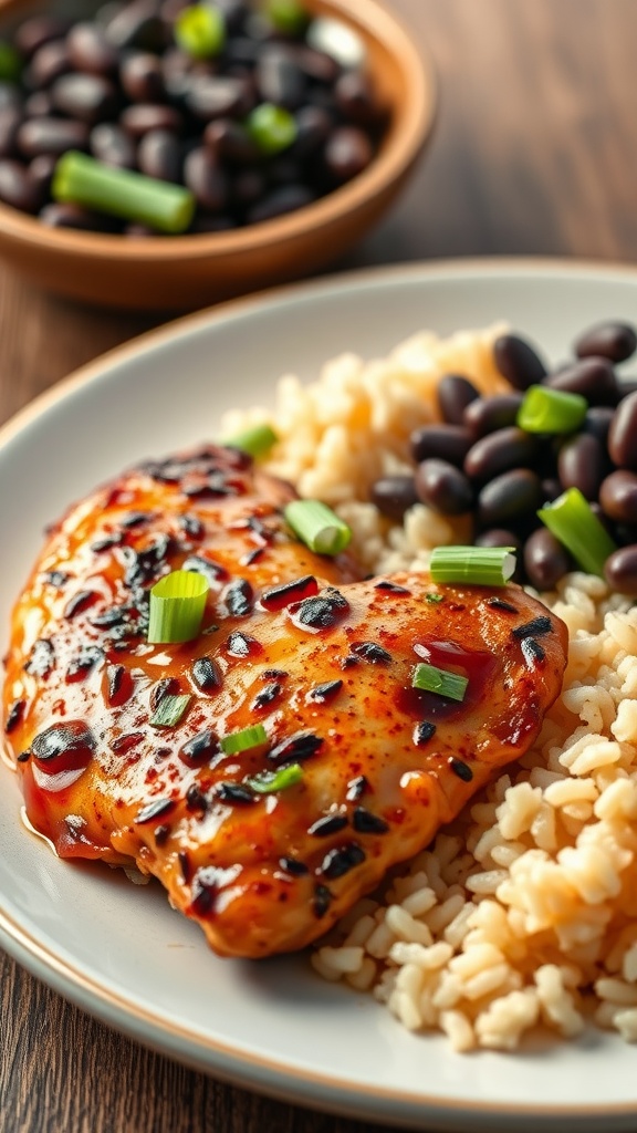 Plate of Cajun Chicken with rice and black beans garnished with green onions