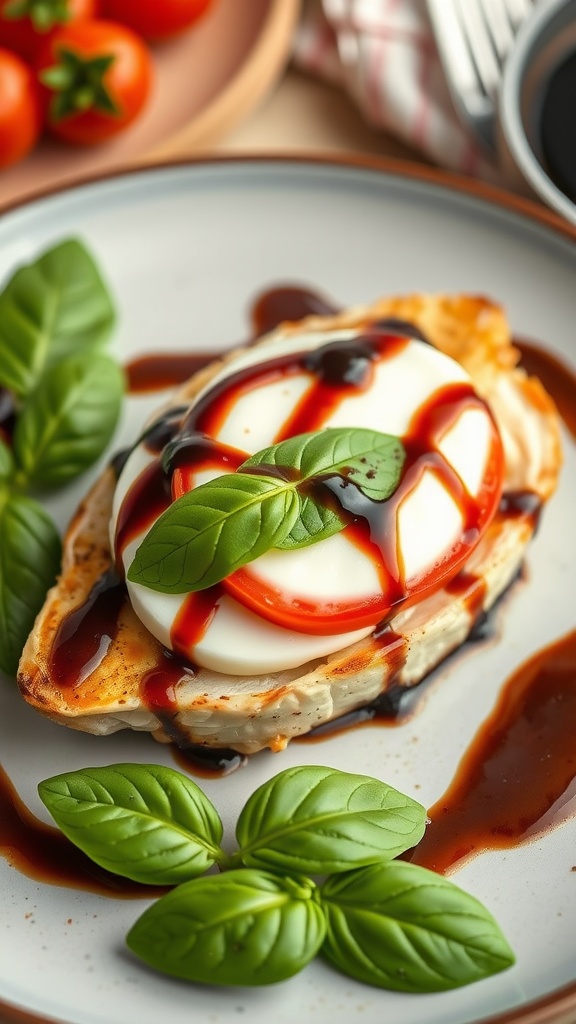 A plate of Caprese stuffed chicken with fresh basil and tomatoes.