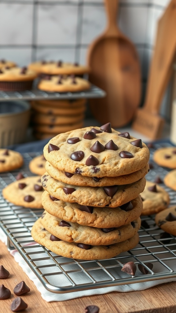 A stack of chewy chocolate chip cookies on a cooling rack