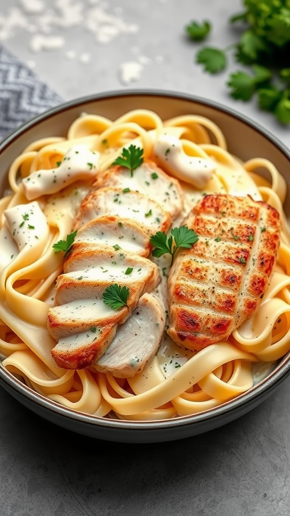 A bowl of Chicken Alfredo with sliced grilled chicken on top of fettuccine pasta.