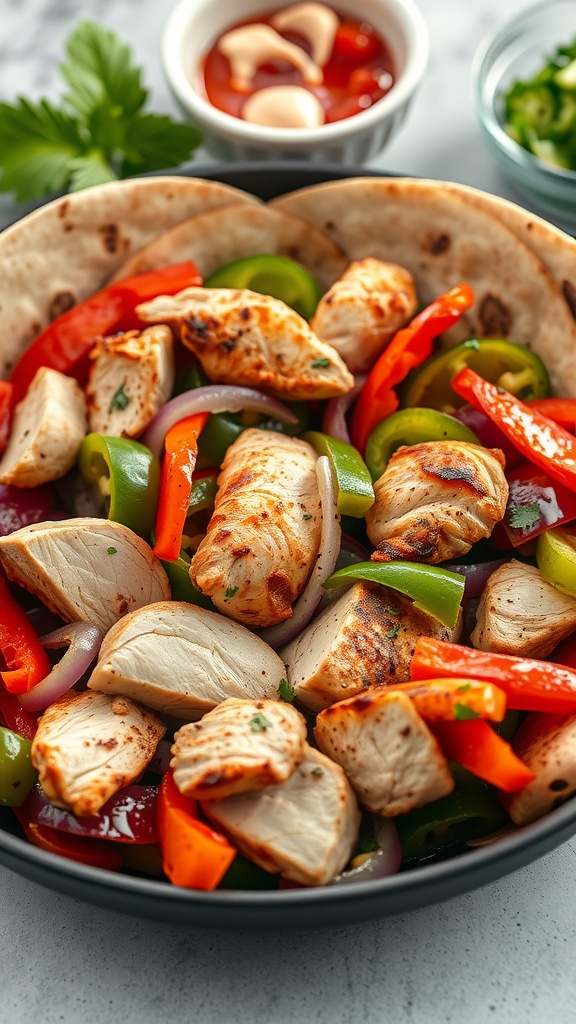 Delicious chicken fajitas served with colorful vegetables in tortillas