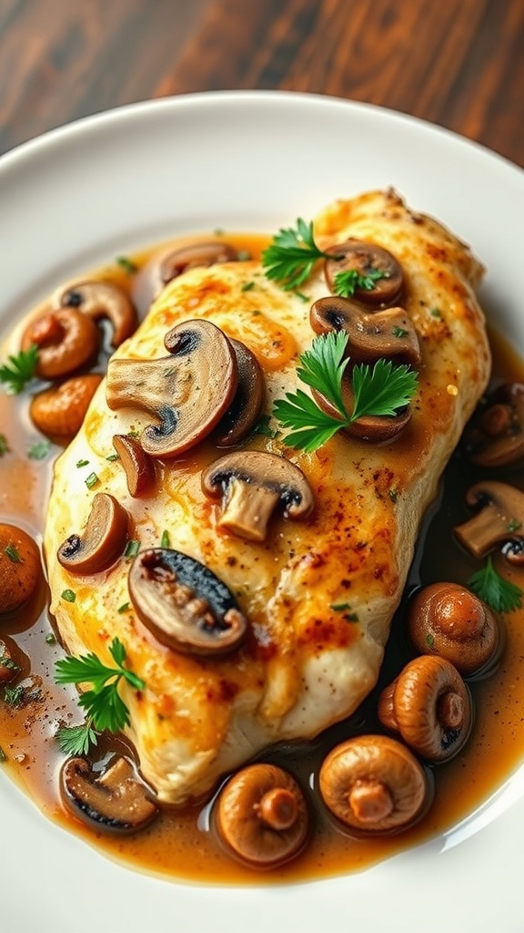 A plate of Chicken Marsala with mushrooms and garnished with parsley.