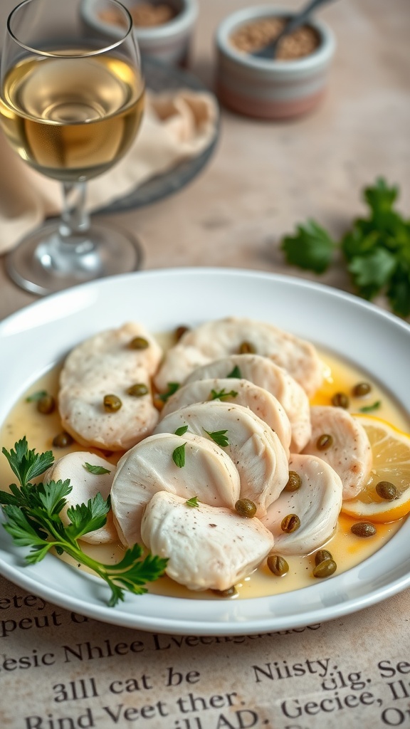 A plate of Chicken Piccata featuring sliced chicken breasts in a lemon-caper sauce, garnished with parsley.