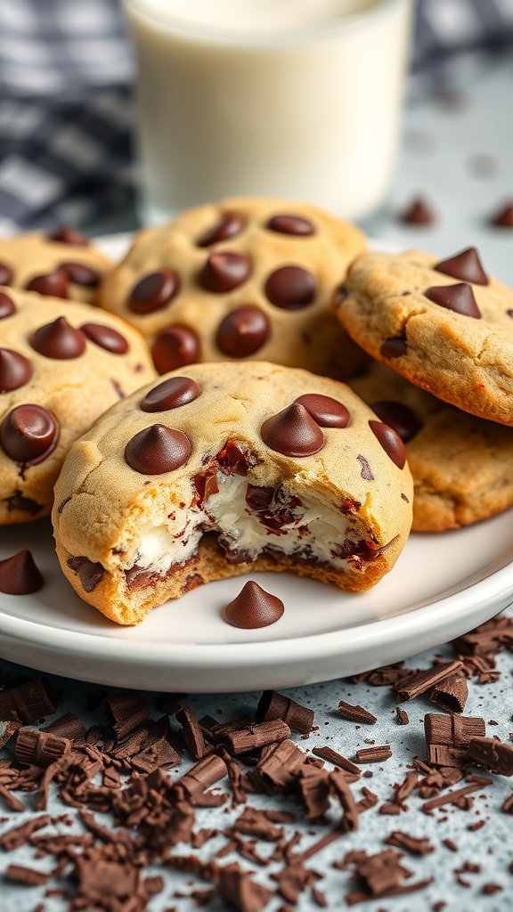 Plate of chocolate chip cheesecake cookies with a bite taken out, surrounded by chocolate shavings.