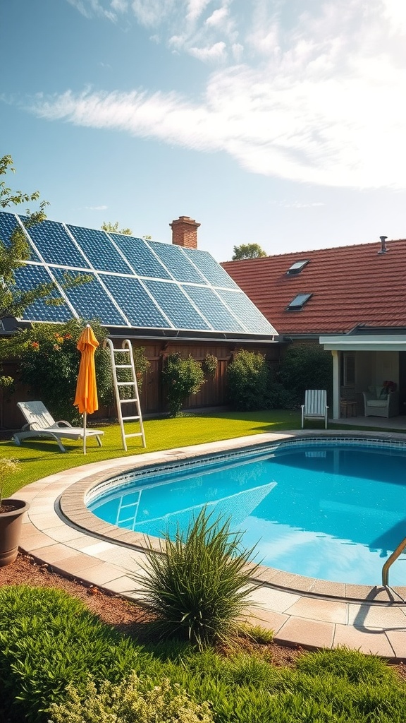 A backyard pool with solar panels on the roof and surrounding greenery.