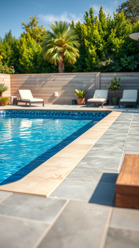 A backyard pool with smooth, slip-resistant tiles, surrounded by greenery and lounge chairs.