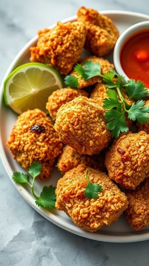 Plate of crispy coconut chicken pieces garnished with lime and cilantro.