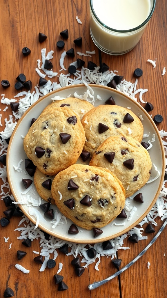 A plate of coconut chocolate chip cookies with chocolate chips scattered around.