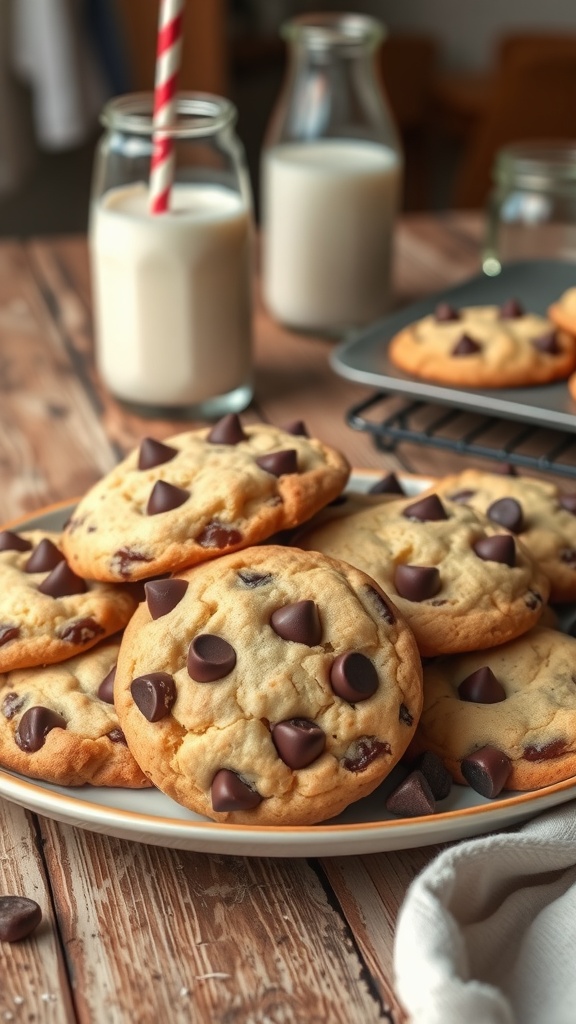 Delicious cream cheese chocolate chip cookies on a plate with a glass of milk