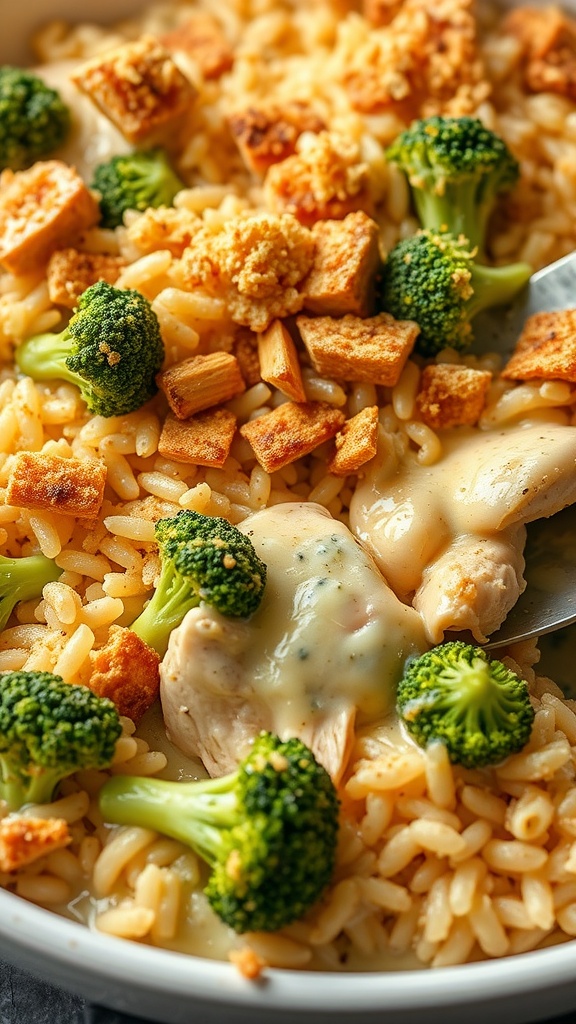 A close-up view of creamy chicken broccoli rice casserole with green broccoli and crunchy topping