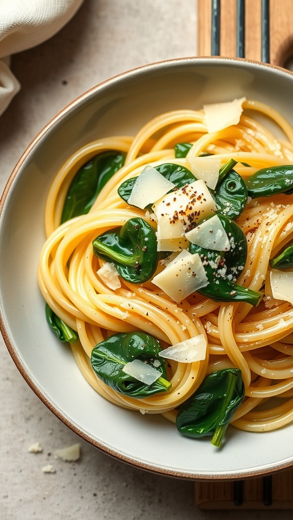 A bowl of creamy garlic parmesan pasta with spinach and cheese.