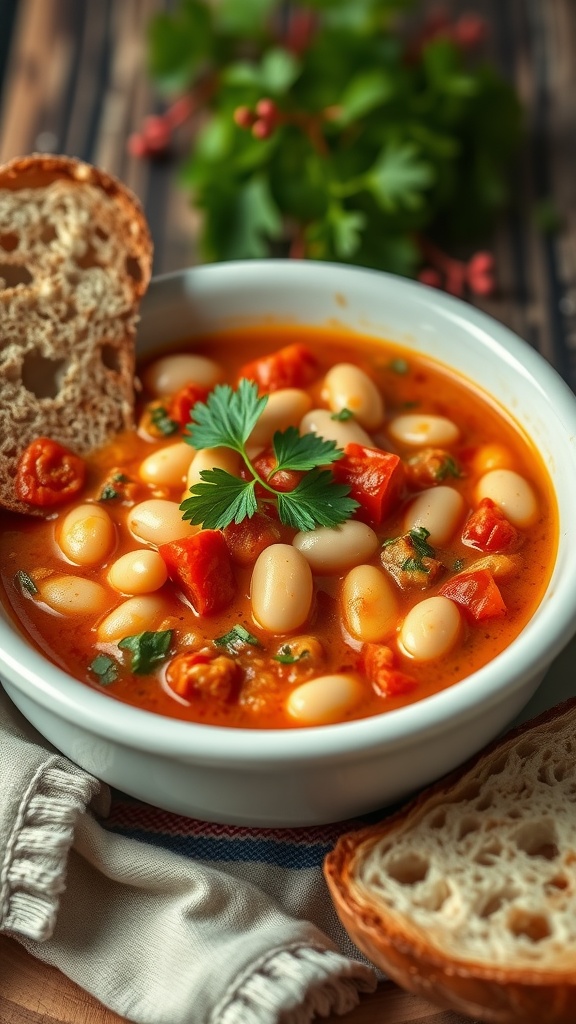 Bowl of creamy vegan tomato white bean stew with parsley garnish and slice of bread on the side.