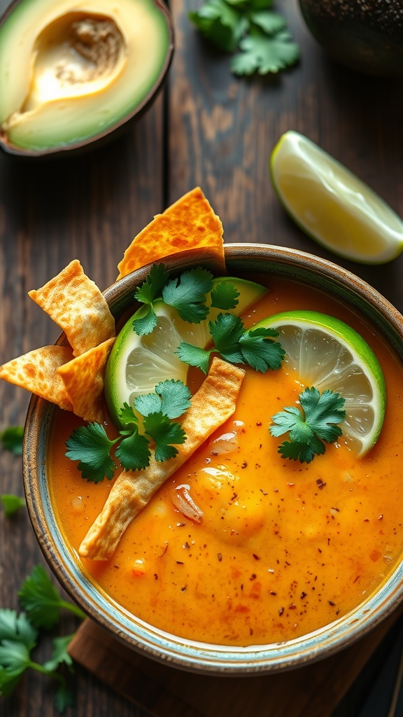 A bowl of creamy vegetarian tortilla soup topped with lime, cilantro, and tortilla strips.