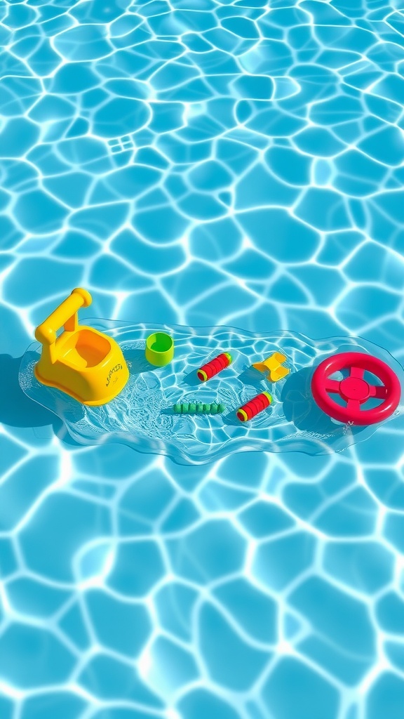 Colorful pool toys floating in a clear blue swimming pool.