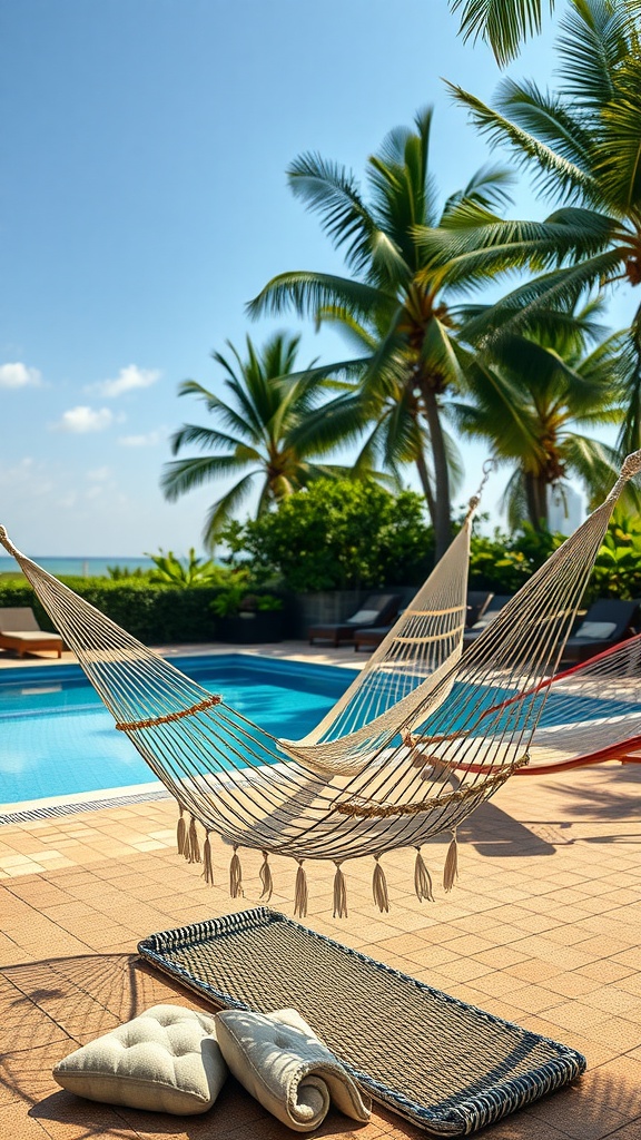 A cozy hammock set up next to a backyard pool surrounded by palm trees.