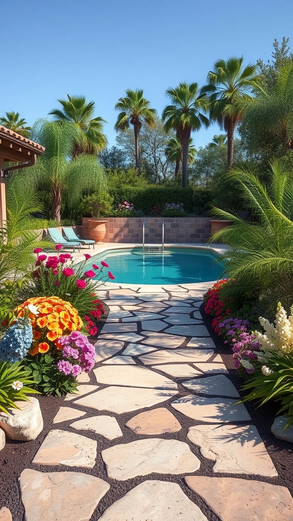 A garden path made of stone leading to a pool, surrounded by colorful flowers and palm trees.