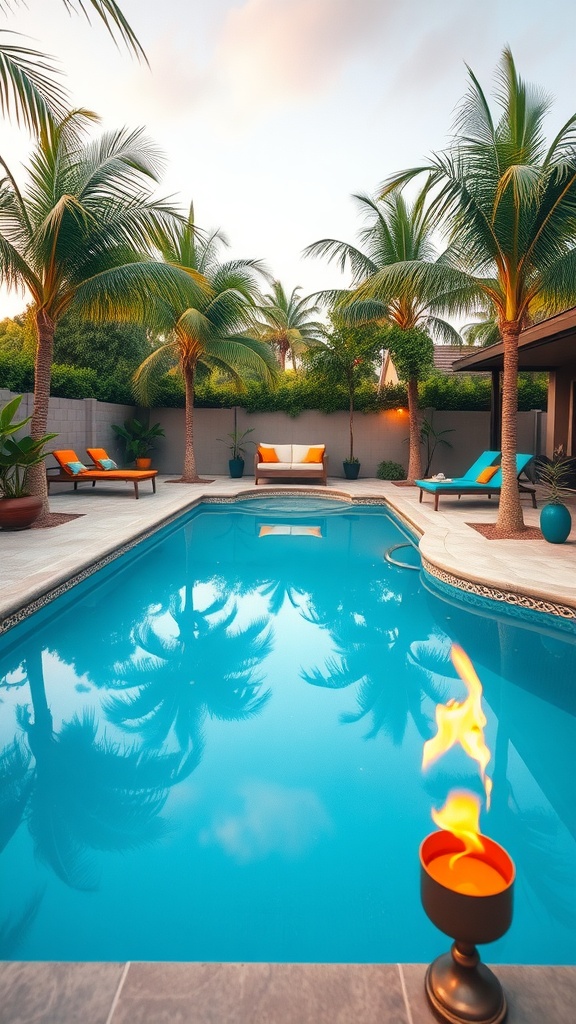 Backyard pool with palm trees and lounge chairs, creating a tropical paradise vibe.