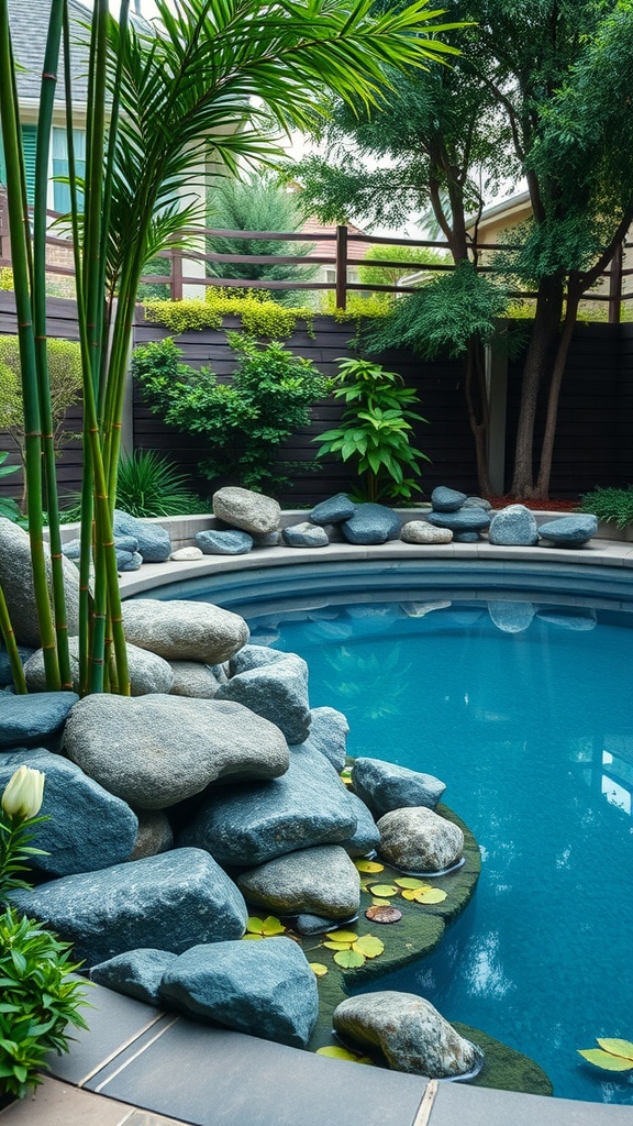 A serene poolside scene with rocks, plants, and calm water, showcasing a Zen garden atmosphere.