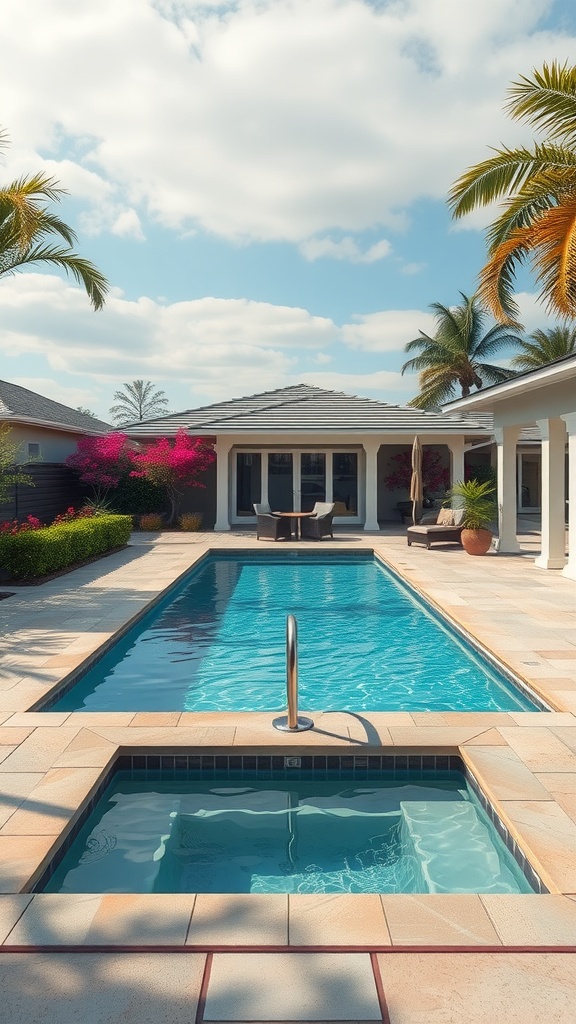 Backyard pool with a hot tub, lounge chairs, and vibrant flowers.