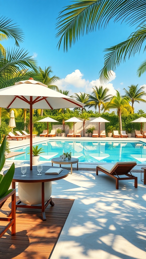 A beautiful backyard pool area with loungers and umbrellas surrounded by palm trees.