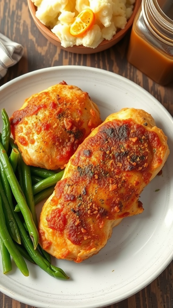 Crispy baked chicken breast served with green beans and mashed potatoes.