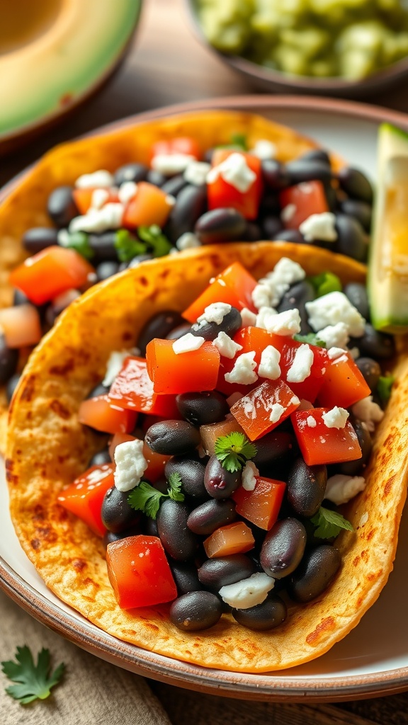 Plate of crispy black bean tacos topped with tomatoes and cheese