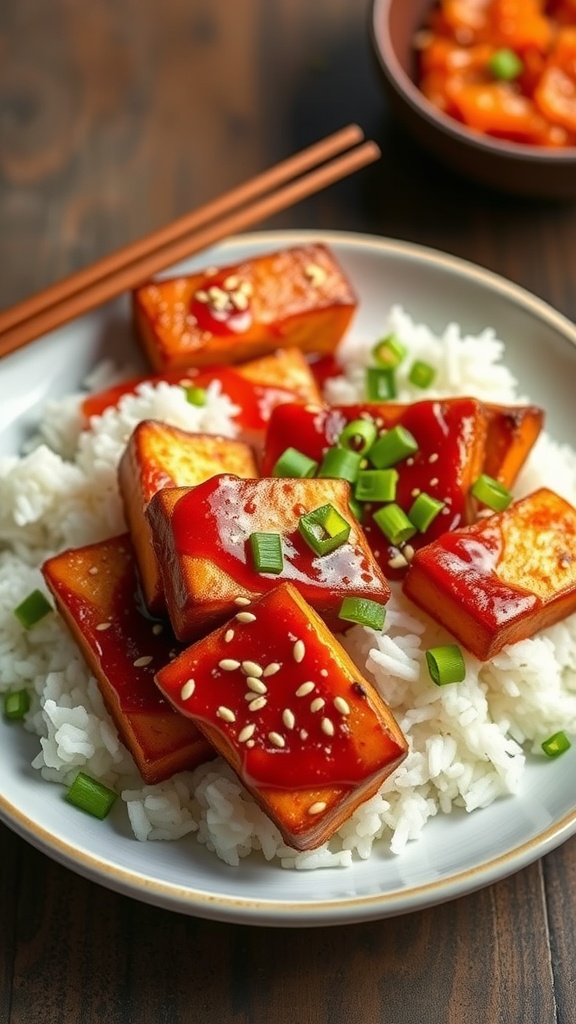 Crispy Gochujang Korean Tofu served on rice with green onions and sesame seeds.