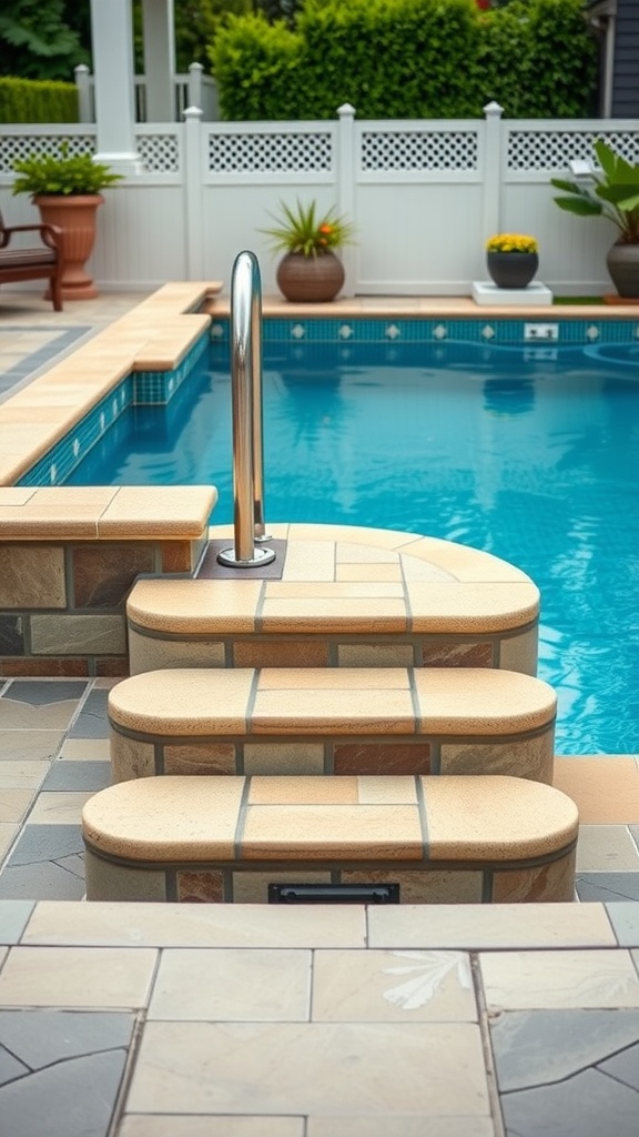 Custom steps leading into a backyard pool with a clear blue water and stylish stonework