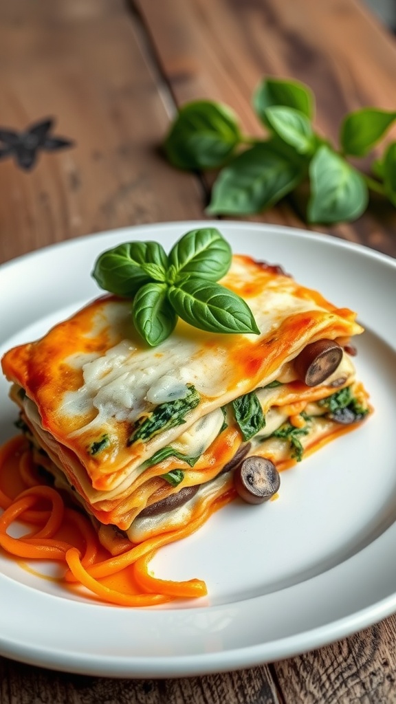 A delicious serving of mushroom and spinach lasagna garnished with fresh basil leaves.