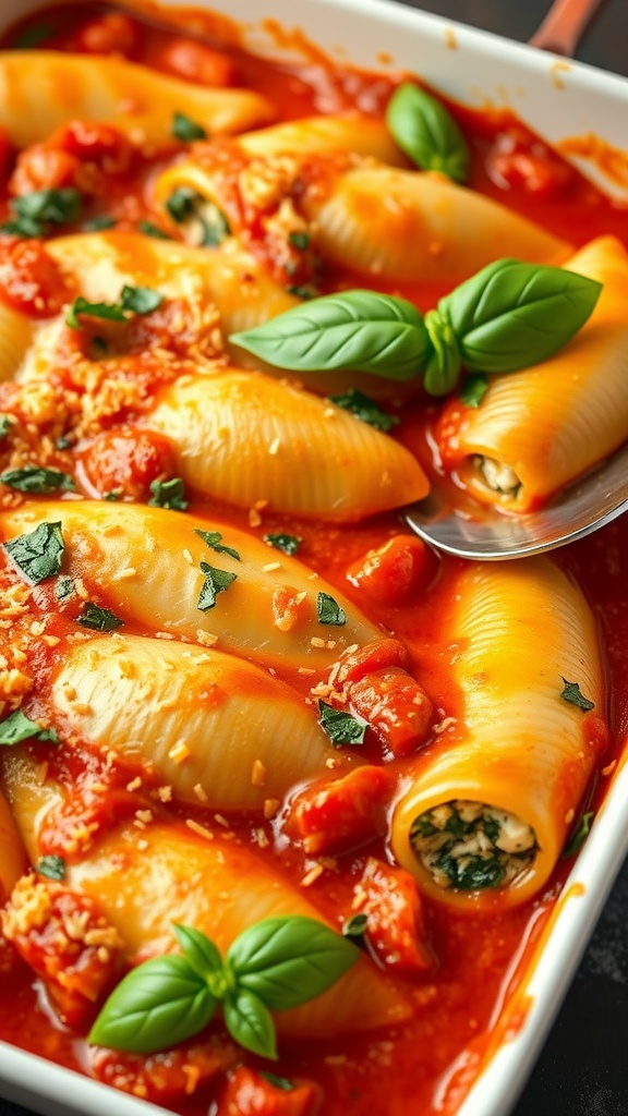 A dish of ricotta stuffed pasta shells topped with tomato sauce and basil.