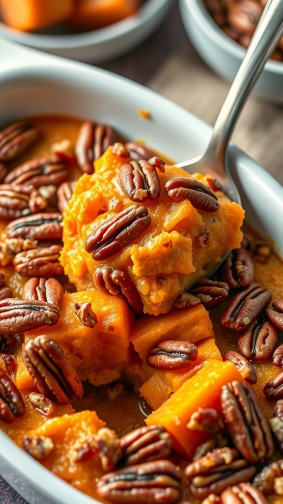 A close-up of vegan sweet potato casserole topped with pecans.