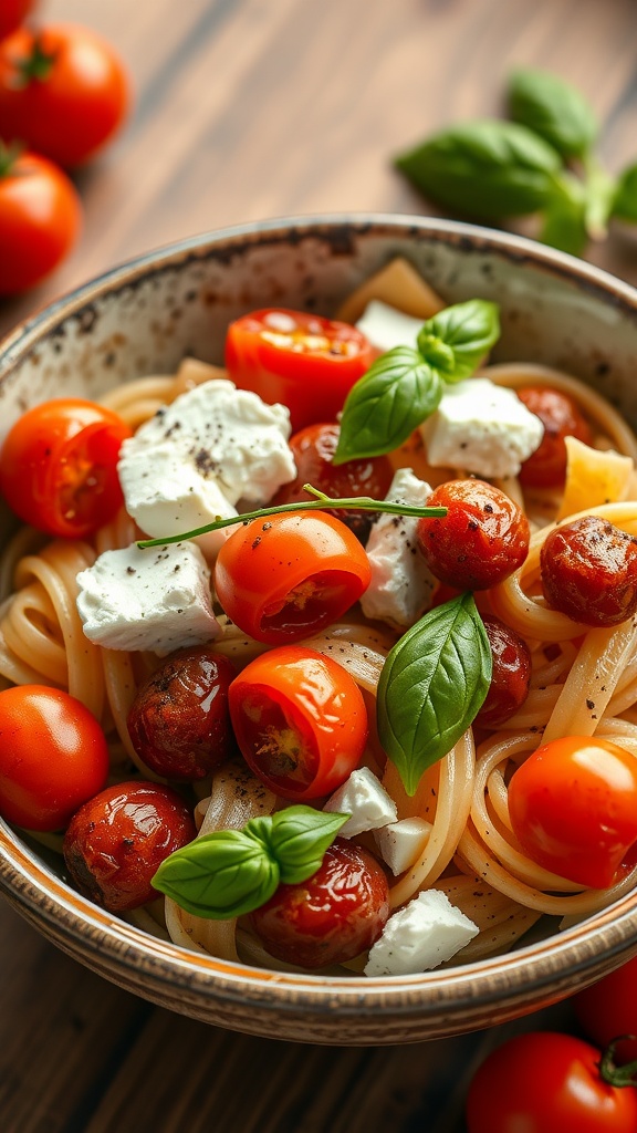 Bowl of veggie pasta topped with baked feta, cherry tomatoes, and fresh basil.