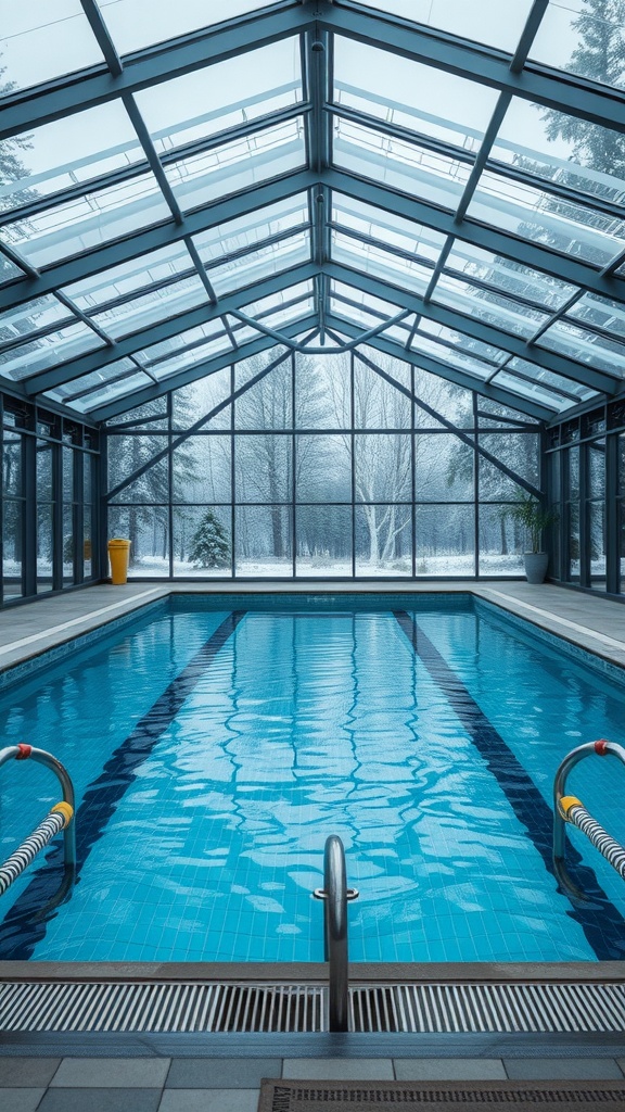 Indoor swimming pool surrounded by glass walls with a view of winter landscape outside.