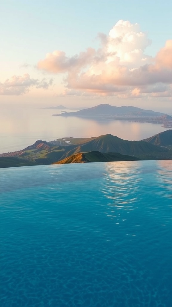 An infinity pool overlooking a scenic landscape with mountains and clouds