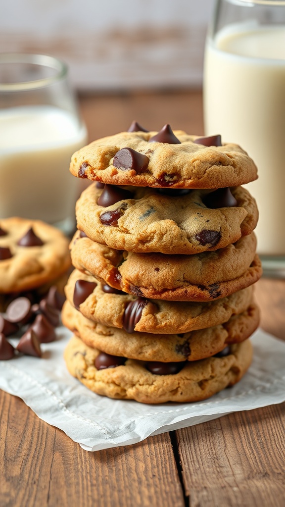 A stack of double chocolate chip cookies with chocolate chips scattered around