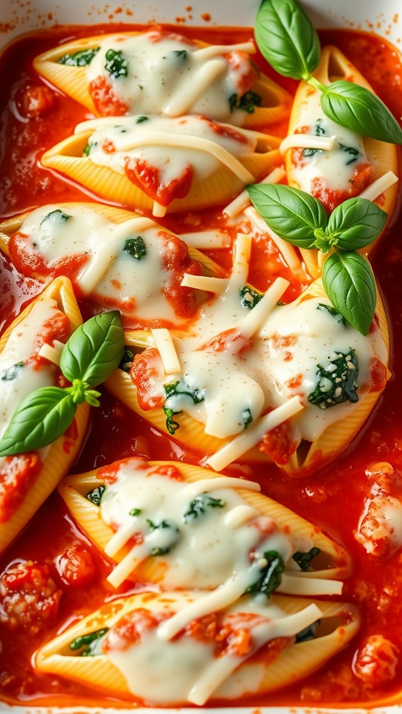 Close-up of spinach and ricotta stuffed pasta shells in marinara sauce garnished with fresh basil.