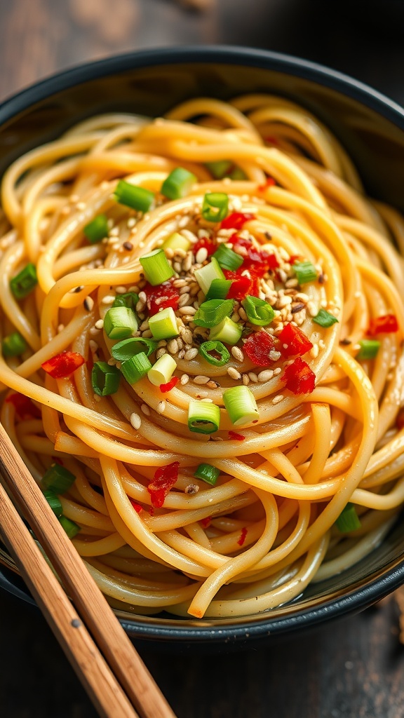 A close-up of a bowl of garlic noodles topped with green onions and sesame seeds, ready to be enjoyed.