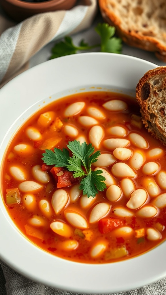 A bowl of Tuscan white bean soup with fresh herbs and bread on the side.