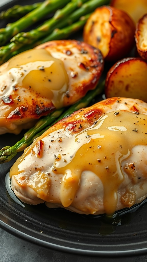 Plate of garlic butter chicken with asparagus and roasted potatoes