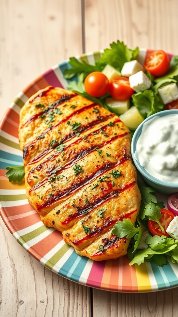 Delicious grilled Greek chicken served with fresh salad and tzatziki sauce.