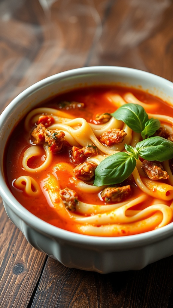 A delicious bowl of vegetarian lasagna soup with noodles and basil on top.