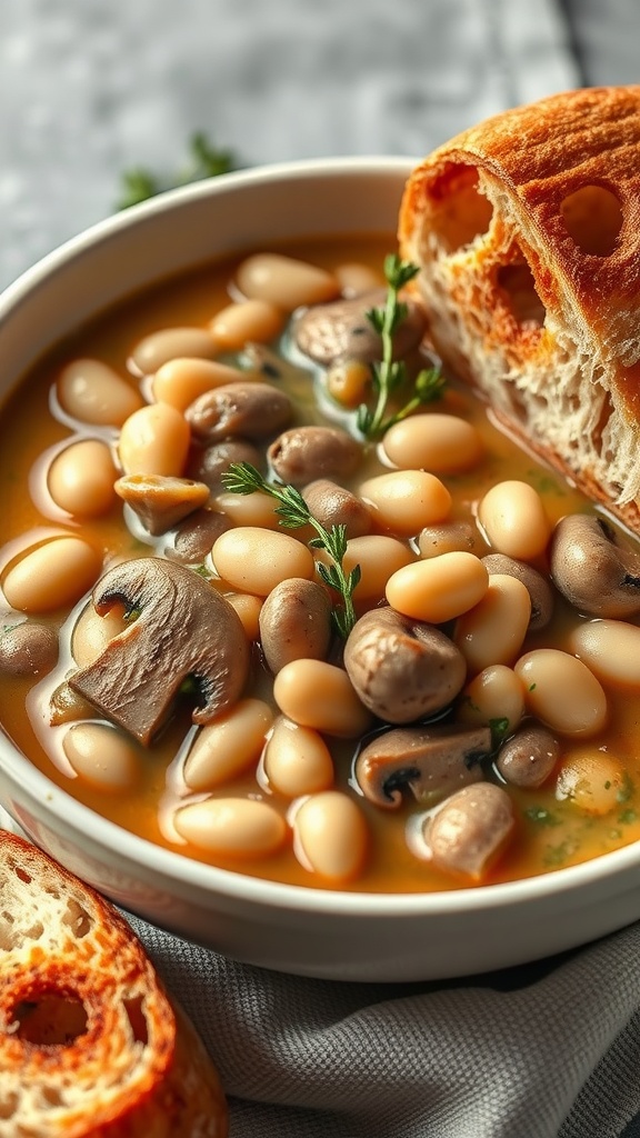 A bowl of hearty white bean and mushroom stew with a piece of crusty bread.