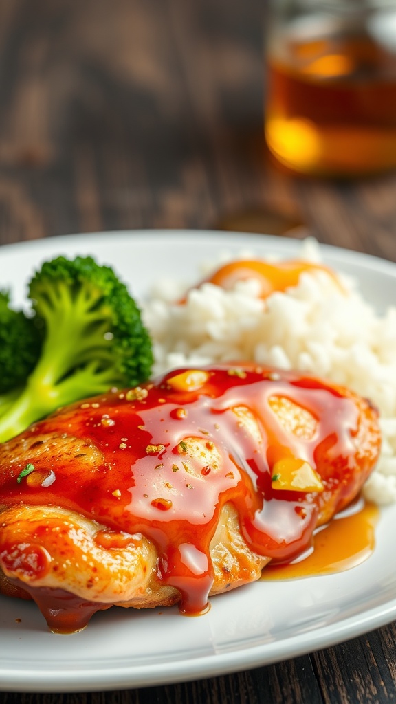 Plate of honey garlic chicken with broccoli and rice