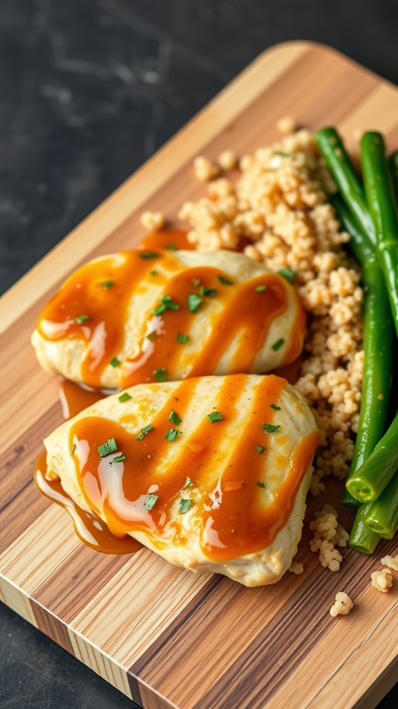 Honey mustard chicken served with rice and green beans